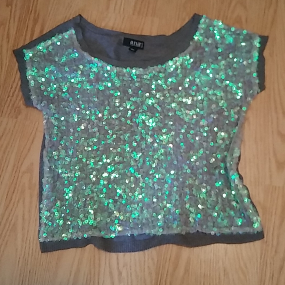 Silver and green sequined shirt by ANA